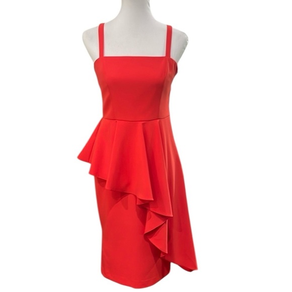 Milly Asymmetrical Tiered Peplum Ruffle Dress Square Neckline SZ 4 Red Orange - Picture 1 of 6